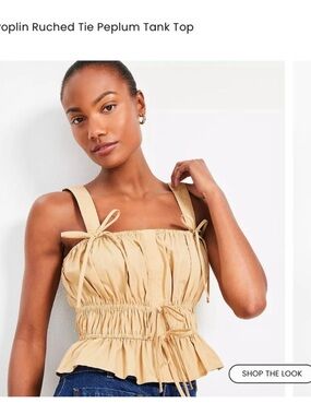 LOFT Beige/Tan Poplin Ruched Tie Peplum Tank Top Medium